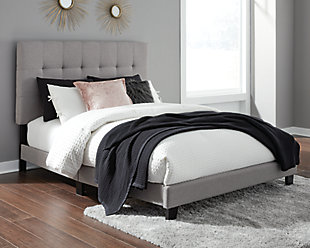 Simplify your space and set the scene for a good night’s sleep with the Adelloni upholstered bed. Clean lines and woven upholstery create the unfussy, modern silhouette you want to wake up to every morning.Includes queen-size upholstered headboard, footboard, rails and slats | Gray polyester upholstery | Nailhead trim | Exposed wood feet | Bed does not require a foundation/box spring | Mattress available, sold separately | This headboard offers three height adjustments to accommodate various mattress thicknesses. Range is 48.75” up to 53.5” | Assembly required | Estimated Assembly Time: 120 Minutes