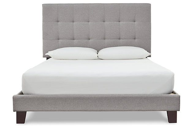 Simplify your space and set the scene for a good night’s sleep with the Adelloni upholstered bed. Clean lines and woven upholstery create the unfussy, modern silhouette you want to wake up to every morning.Includes queen-size upholstered headboard, footboard, rails and slats | Gray polyester upholstery | Nailhead trim | Exposed wood feet | Bed does not require a foundation/box spring | Mattress available, sold separately | This headboard offers three height adjustments to accommodate various mattress thicknesses. Range is 48.75” up to 53.5” | Assembly required | Estimated Assembly Time: 30 Minutes