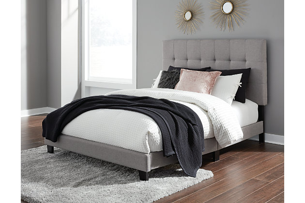 Simplify your space and set the scene for a good night’s sleep with the Adelloni upholstered bed. Clean lines and woven upholstery create the unfussy, modern silhouette you want to wake up to every morning.Includes queen-size upholstered headboard, footboard, rails and slats | Gray polyester upholstery | Nailhead trim | Exposed wood feet | Bed does not require a foundation/box spring | Mattress available, sold separately | This headboard offers three height adjustments to accommodate various mattress thicknesses. Range is 48.75” up to 53.5” | Assembly required | Estimated Assembly Time: 120 Minutes