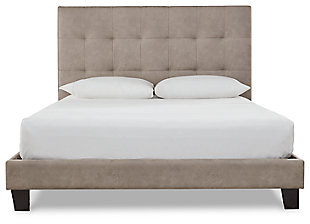 Simplify your space and set the scene for a good night’s sleep with the Adelloni upholstered bed. Clean lines and faux leather upholstery create the unfussy, modern silhouette you want to wake up to every morning.Includes queen-size upholstered headboard, footboard, rails and slats | Light brown faux leather upholstery | Square tufting | Exposed wood feet | Bed does not require a foundation/box spring | Mattress available, sold separately | This headboard offers three height adjustments to accommodate various mattress thicknesses. Range is 48.75” up to 53.5” | Assembly required | Estimated Assembly Time: 30 Minutes