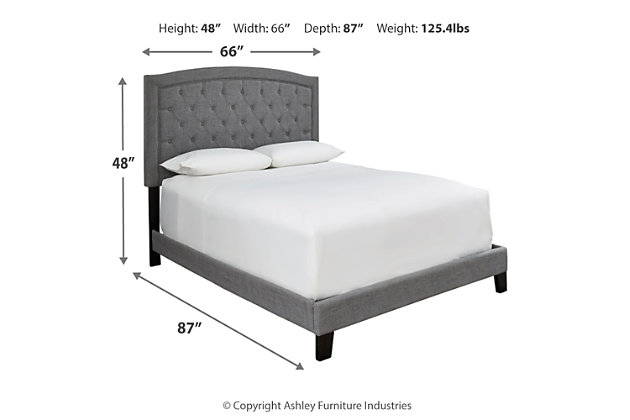 Appreciate the sleek styling and sumptuous comfort of the Adelloni upholstered bed. Wrapped in a luxurious polyester weave from head to toe, and adorned with elegant button tufting and framed details, this queen platform bed sets the scene in your blissful retreat. Rest assured, sturdy roll slats eliminate the need for a foundation/box spring for a well-edited aesthetic.Includes headboard, footboard, rails and slats | Polyester upholstery | Button-tufted and frame-stitched headboard | Exposed wood feet | Bed does not require a foundation/box spring | Mattress available, sold separately | Assembly required | Estimated Assembly Time: 45 Minutes