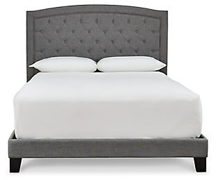 Appreciate the sleek styling and sumptuous comfort of the Adelloni upholstered bed. Wrapped in a luxurious polyester weave from head to toe, and adorned with elegant button tufting and framed details, this queen platform bed sets the scene in your blissful retreat. Rest assured, sturdy roll slats eliminate the need for a foundation/box spring for a well-edited aesthetic.Includes headboard, footboard, rails and slats | Polyester upholstery | Button-tufted and frame-stitched headboard | Exposed wood feet | Bed does not require a foundation/box spring | Mattress available, sold separately | Assembly required | Estimated Assembly Time: 45 Minutes