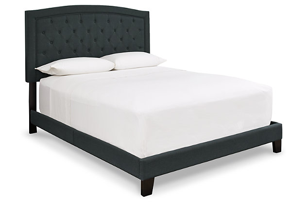 Appreciate the sleek styling and sumptuous comfort of the Adelloni upholstered bed. Wrapped in a luxurious polyester weave from head to toe, and adorned with elegant button tufting and framed details, this queen platform bed sets the scene in your blissful retreat. Rest assured, sturdy roll slats eliminate the need for a foundation/box spring for a well-edited aesthetic.Includes headboard, footboard, rails and slats | Polyester upholstery | Button-tufted panel with tailored frame and frame-stitched headboard | Exposed wood feet | Bed does not require a foundation/box spring | Mattress available, sold separately | Assembly required | Estimated Assembly Time: 45 Minutes