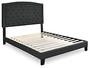 Appreciate the sleek styling and sumptuous comfort of the Adelloni upholstered bed. Wrapped in a luxurious polyester weave from head to toe, and adorned with elegant button tufting and framed details, this platform bed sets the scene in your blissful retreat. Rest assured, sturdy roll slats eliminate the need for a foundation/box spring for a well-edited aesthetic.Includes headboard, footboard, rails and slats | Polyester upholstery | Button-tufted panel with tailored frame and frame-stitched headboard | Exposed wood feet | Bed does not require a foundation/box spring | Mattress available, sold separately | Assembly required | Estimated Assembly Time: 45 Minutes