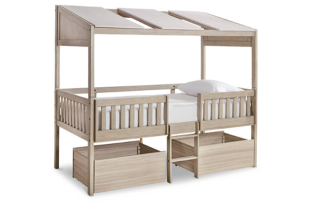 Here’s to a kid-friendly bed that blends in beautifully with modern farmhouse living. The Wrenalyn loft bed features a charming front porch railing effect, to help kids create a little home of their own. Coordinating under bed rolling storage bins are the perfect accompaniment to this contemporary bedroom suite.Bed frame and ladder made of solid wood | Panels and 2 underbed storage boxes made of engineered wood and decorative laminate | Replicated exotic wood grain in light tan natural wood coloration | Loft-style bed with roof panels and sturdy ladder | Top bunk with protective side rails | Under bed storage boxes with metal casters for easy mobility | Sturdy ladder leads to top bunk |  Included slats eliminate need for foundation/box spring |  Mattress available, sold separately |  The Consumer Product Safety Commission states that top bunks not be used for children under 6 years of age |  Assembly required | Estimated Assembly Time: 55 Minutes