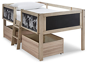 They’re at a stage where their tastes change practically overnight, so why not give them a bedroom set that always reflects their current mood? The Wrenalyn loft bed’s chalk board panels let them freeform their look, while the rolling underbed storage bins keep the clutter under control.Includes loft bed with ladder and 2 underbed storage bins | Bed frame and ladder made of solid wood | Panels and bins made of engineered wood and decorative laminate | Replicated exotic wood grain in light tan natural wood coloration | Loft-style bed with chalkboard panels and sturdy ladder | Pair of rolling under bed storage bins with casters for easy mobility | Top bunk with protective side rails | Sturdy ladder leads to top bunk | Included slats eliminate need for mattress box spring | The Consumer Product Safety Commission states that top bunks not be used for children under 6 years of age | Assembly required | Estimated Assembly Time: 110 Minutes