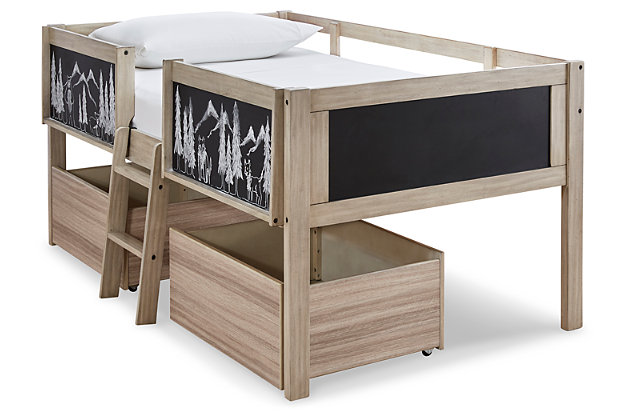 They’re at a stage where their tastes change practically overnight, so why not give them a bedroom set that always reflects their current mood? The Wrenalyn loft bed’s chalk board panels let them freeform their look, while the rolling underbed storage bins keep the clutter under control.Includes loft bed with ladder and 2 underbed storage bins | Bed frame and ladder made of solid wood | Panels and bins made of engineered wood and decorative laminate | Replicated exotic wood grain in light tan natural wood coloration | Loft-style bed with chalkboard panels and sturdy ladder | Pair of rolling under bed storage bins with casters for easy mobility | Top bunk with protective side rails | Sturdy ladder leads to top bunk | Included slats eliminate need for mattress box spring | The Consumer Product Safety Commission states that top bunks not be used for children under 6 years of age | Assembly required | Estimated Assembly Time: 110 Minutes