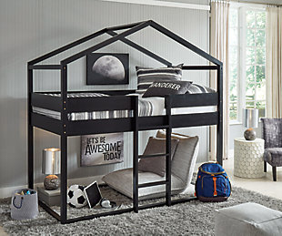 Give them a home of their own and plenty of room to grow with the Flannibrook loft house bunk bed set. Delightful architectural styling creates two bedroom areas where they can work, rest or play. Whether arranged as bunks or with a cozy reading nook below, the sturdy ladder gives them the feeling of going “upstairs” to bed. The realistic roofline adds a charming loft effect.Includes loft house bunk bed (loft top frame, loft panels, rails and slats) | Made of wood | Black finish | Top bunk with protective side rails | Sturdy ladder leads to top bunk | Included slats eliminate need for foundation/box spring | Mattresses available, sold separately | Canopy and lights not included | The Consumer Product Safety Commission states that top bunks not be used for children under 6 years of age | Assembly required | Estimated Assembly Time: 115 Minutes