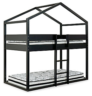 Give them a home of their own and plenty of room to grow with the Flannibrook loft house bunk bed set. Delightful architectural styling creates two bedroom areas where they can work, rest or play. Whether arranged as bunks or with a cozy reading nook below, the sturdy ladder gives them the feeling of going “upstairs” to bed. The realistic roofline adds a charming loft effect.Includes loft house bunk bed (loft top frame, loft panels, rails and slats) | Made of wood | Black finish | Top bunk with protective side rails | Sturdy ladder leads to top bunk | Included slats eliminate need for foundation/box spring | Mattresses available, sold separately | Canopy and lights not included | The Consumer Product Safety Commission states that top bunks not be used for children under 6 years of age | Assembly required | Estimated Assembly Time: 115 Minutes