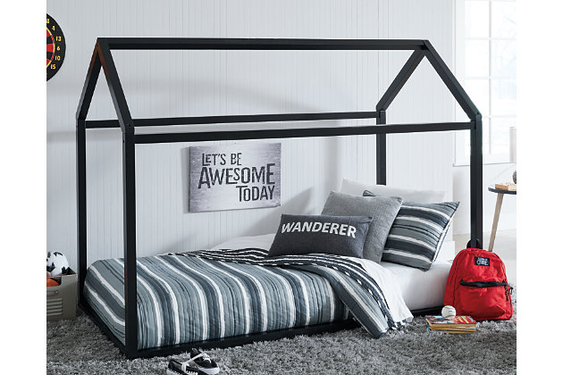 Give them a home of their own and plenty of room to grow with the Flannibrook twin bed “house.” Delightful architectural styling creates a room within a room where they can work, rest or play. Whether arranged as a bed or left as an open space, the simple A-frame design gives them plenty of options to choose from. Made of wood | Black finish | Mattress available, sold separately | Canopy and lights not included | Assembly required | Estimated Assembly Time: 30 Minutes