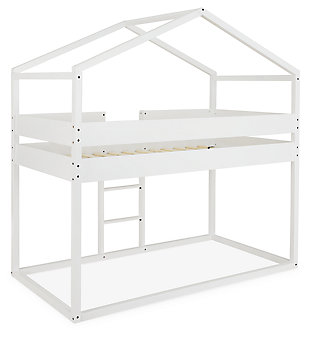 Give them a home of their own and plenty of room to grow with the Flannibrook loft house bunk bed set. Delightful architectural styling creates two bedroom areas where they can work, rest or play. Whether arranged as bunks or with a cozy reading nook below, the sturdy ladder gives them the feeling of going “upstairs” to bed. The realistic roofline adds a charming loft effect.Includes loft house bunk bed (loft top frame, loft panels, rails and slats) | Made of wood | White finish | Top bunk with protective side rails | Sturdy ladder leads to top bunk | Included slats eliminate need for foundation/box spring | Mattresses available, sold separately | The Consumer Product Safety Commission states that top bunks not be used for children under 6 years of age | Assembly required | Estimated Assembly Time: 115 Minutes