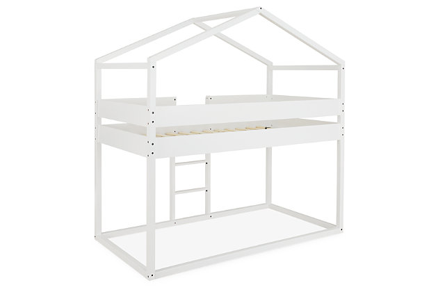 Give them a home of their own and plenty of room to grow with the Flannibrook loft house bunk bed set. Delightful architectural styling creates two bedroom areas where they can work, rest or play. Whether arranged as bunks or with a cozy reading nook below, the sturdy ladder gives them the feeling of going “upstairs” to bed. The realistic roofline adds a charming loft effect.Includes loft house bunk bed (loft top frame, loft panels, rails and slats) | Made of wood | White finish | Top bunk with protective side rails | Sturdy ladder leads to top bunk | Included slats eliminate need for foundation/box spring | Mattresses available, sold separately | The Consumer Product Safety Commission states that top bunks not be used for children under 6 years of age | Assembly required | Estimated Assembly Time: 115 Minutes