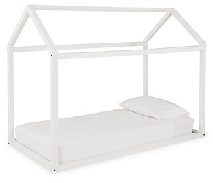 Give them a home of their own and plenty of room to grow with the Flannibrook bed “house.” Delightful architectural styling creates a room within a room where they can work, rest or play. Whether arranged as a bed or left as an open space, the simple A-frame design gives them plenty of options to choose from. Made of wood | White finish | Mattress available, sold separately | Canopy and lights not included | Assembly required | Estimated Assembly Time: 30 Minutes
