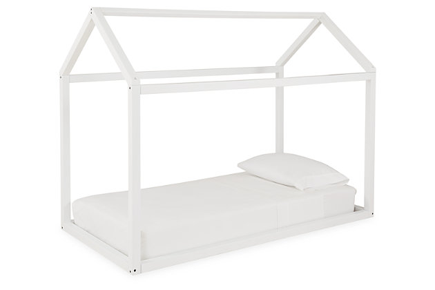 Give them a home of their own and plenty of room to grow with the Flannibrook bed “house.” Delightful architectural styling creates a room within a room where they can work, rest or play. Whether arranged as a bed or left as an open space, the simple A-frame design gives them plenty of options to choose from. Made of wood | White finish | Mattress available, sold separately | Canopy and lights not included | Assembly required | Estimated Assembly Time: 30 Minutes