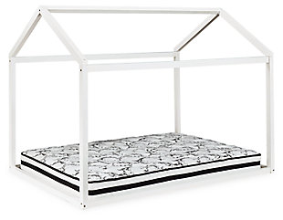 Give them a home of their own and plenty of room to grow with this versatile full bed “house.” Delightful architectural styling creates a room within a room where they can work, rest or play. Whether arranged as a bed or left as an open space, the simple A-frame design gives them plenty of options to choose from. Made of wood | White finish | Mattress available, sold separately | Canopy and lights not included | Assembly required | Estimated Assembly Time: 30 Minutes