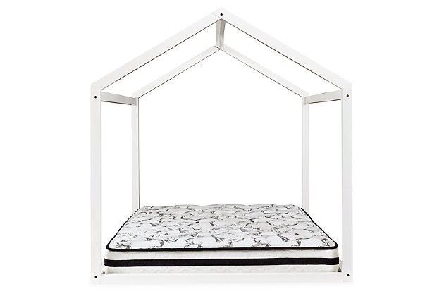 Give them a home of their own and plenty of room to grow with this versatile full bed “house.” Delightful architectural styling creates a room within a room where they can work, rest or play. Whether arranged as a bed or left as an open space, the simple A-frame design gives them plenty of options to choose from. Made of wood | White finish | Mattress available, sold separately | Canopy and lights not included | Assembly required | Estimated Assembly Time: 30 Minutes