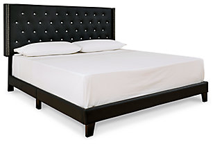 Tastefully edited lines with distinctive button tufting, elegantly proportioned wings and a double row of nailhead trim give this fully upholstered bed the rich contemporary look you’ve been longing for. But Vintasso queen bed's real beauty? Its upscale design comes at a surprisingly low price. Finally, an affordable option for those with expensive taste.Includes headboard, footboard, rails and slats | Black faux leather upholstery | Button-tufted, wingback headboard with nailhead trim accents | Exposed wood feet | Bed does not require a foundation/box spring | Mattress available, sold separately | Assembly required | Estimated Assembly Time: 60 Minutes