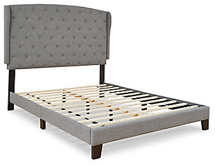 Tastefully edited lines with sumptuous upholstery, button tufting and modified wingback design give this platform bed the rich contemporary look you’ve been longing for. But Vintasso queen bed's real beauty? Its upscale design comes at a surprisingly low price. Finally, an affordable option for those with expensive taste.Includes headboard, footboard, rails and slats | Polyester upholstery | Button-tufted padded headboard with modified wingback design | Exposed wood feet | Bed does not require a foundation/box spring | Mattress available, sold separately | Assembly required | Estimated Assembly Time: 90 Minutes