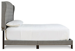 Tastefully edited lines with sumptuous upholstery, button tufting and modified wingback design give this platform bed the rich contemporary look you’ve been longing for. But Vintasso queen bed's real beauty? Its upscale design comes at a surprisingly low price. Finally, an affordable option for those with expensive taste.Includes headboard, footboard, rails and slats | Polyester upholstery | Button-tufted padded headboard with modified wingback design | Exposed wood feet | Bed does not require a foundation/box spring | Mattress available, sold separately | Assembly required | Estimated Assembly Time: 90 Minutes