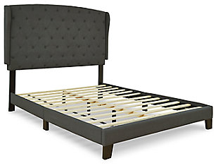 Tastefully edited lines with sumptuous upholstery, button tufting and modified wingback design, give this platform bed the rich contemporary look you’ve been longing for. But Vintasso queen bed's real beauty? Its upscale design comes at a surprisingly low price. Finally, an affordable option for those with expensive taste.Includes headboard, footboard, rails and slats | Polyester upholstery | Button-tufted padded headboard with modified wingback design | Exposed wood feet | Bed does not require a foundation/box spring | Mattress available, sold separately | Assembly required | Estimated Assembly Time: 90 Minutes