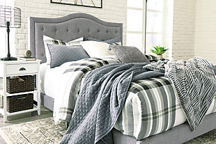 Set the scene for a heavenly bedroom retreat—at a down-to-earth price—with the Jerary queen upholstered bed. Light gray upholstery gracing the camelback-style tufted headboard, rails and low-profile footboard sports a textural weave that feels fresh and now. Engineered wood frame | Polyester upholstery | Button-tufted headboard | Packs complete in one box for Express Ship | Foundation/box spring required, sold separately | Mattress available, sold separately | Assembly required | Estimated Assembly Time: 45 Minutes
