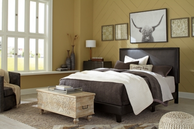 Mesling Queen Upholstered Bed Leather, Dark Brown