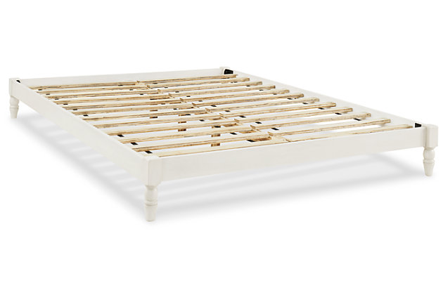 Simple living and streamlined design come together in one exceptional piece with the Tannally platform bed. Constructed with a solid wood frame finished in an elegant vintage white color, the sturdy slats support your mattress without the expense of a foundation or box spring.Queen platform bed (does not include headboard) | Made of wood with engineered wood slats | Vintage white finish | Bed does not require a foundation/box spring | Mattress available, sold separately | Assembly required | Estimated Assembly Time: 45 Minutes