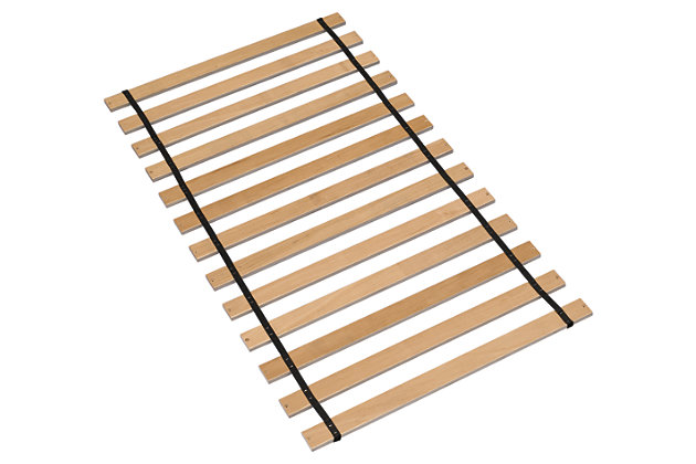 Give your mattress added support and distribute body weight more evenly with the addition of wooden roll slats. Easily attaches to bed frames thanks to pre-drilled holes.Assembly required | Made of wood with nylon cord | Pre-drilled holes for easy attachment to bed frame | Eliminates need for box spring | Compatible with twin mattresses | Estimated Assembly Time: 15 Minutes