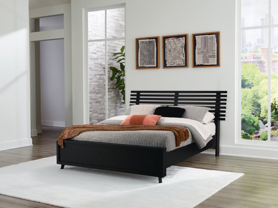 Cama de plataforma con paneles de listones Danziar Queen, cómoda y espejo - image 12