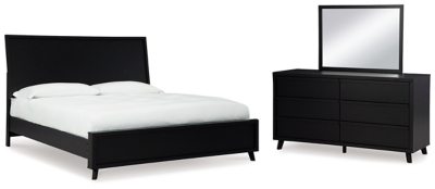 Danziar Queen Panel Bed with Mirrored Dresser, Black