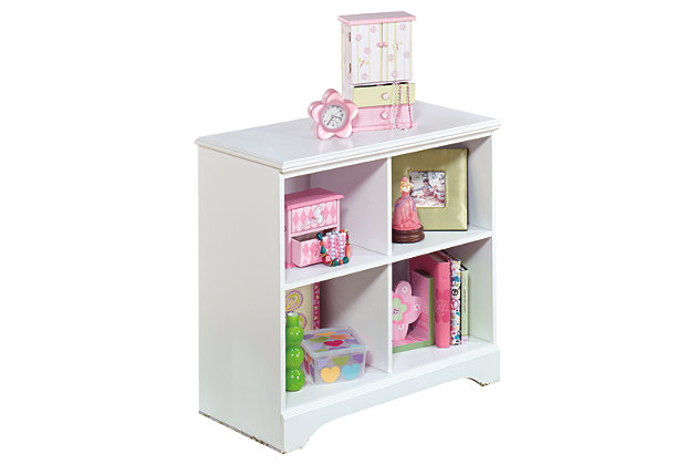 The clean lines and crisp finish of the Lulu loft bin storage unit complement virtually every style of decor. Whether their new favorite color is pink, purple or blue, this bedroom furniture will be a mainstay. Four open cubbies keep her treasured keepsakes safe yet well within reach.Made of engineered wood (MDF/particleboard) | 4 storage cubbies