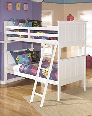 Lulu’s clean lines and crisp finish complement virtually every style of decor. Whether their new favorite color is pink, purple or blue, this bedroom furniture will be a mainstay. Mattresses sold separately.Made of engineered wood (MDF/particleboard) | Includes headboards, footboards, rails, ladder and roll slats | Top bunk with protective side rails | Sturdy ladder leads to top bunk | Beds do not require foundations/box springs | The Consumer Product Safety Commission states top bunks not be used for children under 6 years of age | This bunk bed can be converted into 2 separate beds; please see assembly instructions for details | Assembly required | Estimated Assembly Time: 10 Minutes