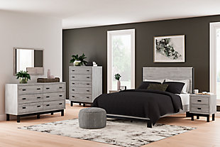 Vessalli Queen Panel Bed with Mirrored Dresser, Chest and 2 Nightstands, Gray, rollover