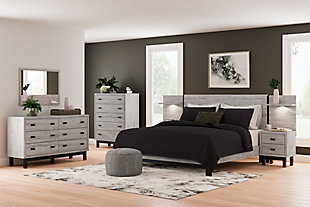 Vessalli King Panel Bed with Mirrored Dresser and Chest, Gray, rollover