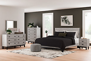 Vessalli King Panel Bed with Mirrored Dresser, Chest and 2 Nightstands, Gray, rollover