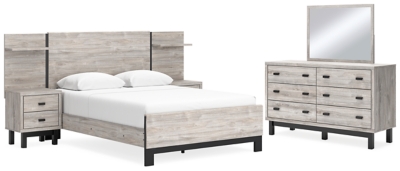 Vessalli Queen Panel Bed with Mirrored Dresser, Gray