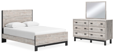 Vessalli Queen Panel Bed with Mirrored Dresser, Gray