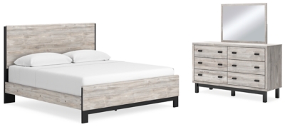 Vessalli King Panel Bed with Mirrored Dresser, Gray