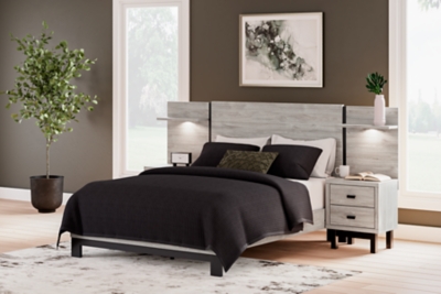 Vessalli Queen Panel Bed with Headboard Extensions and 2 Nightstands, Gray