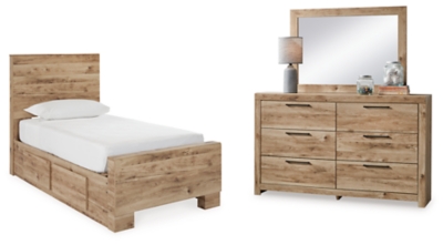 Hyanna Twin Panel Bed with Storage with Mirrored Dresser, Tan Brown, large