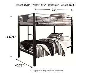 Step up to a higher level of style in kids bedroom furniture with the Dinsmore twin bunk bed. A cool response to the trend in modern industrial design, this metal bunk bed sports a black and gray finish for a welcome touch of maturity.Includes twin/twin bunk bed with ladder | Made of tubular metal with durable powder coated finish | Sturdy ladder leads to top bunk | The Consumer Product Safety Commission states top bunks not be used for children under 6 years of age | Built-in slats eliminate need for foundations/box springs | Mattresses available, sold separately | Assembly required | Excluded from promotional discounts and coupons | Estimated Assembly Time: 90 Minutes