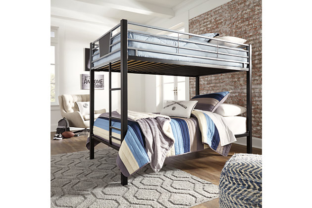 Step up to a higher level of style in kids bedroom furniture with the Dinsmore twin bunk bed. A cool response to the trend in modern industrial design, this metal bunk bed sports a black and gray finish for a welcome touch of maturity.Includes twin/twin bunk bed with ladder | Made of tubular metal with durable powder coated finish | Sturdy ladder leads to top bunk | The Consumer Product Safety Commission states top bunks not be used for children under 6 years of age | Built-in slats eliminate need for foundations/box springs | Mattresses available, sold separately | Assembly required | Excluded from promotional discounts and coupons | Estimated Assembly Time: 90 Minutes