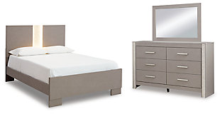 Surancha Queen Panel Bed with Mirrored Dresser, Gray, large