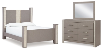 Surancha Queen Poster Bed with Mirrored Dresser, Gray