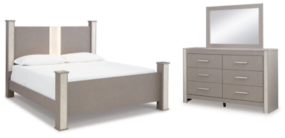 Surancha King Poster Bed with Mirrored Dresser, Gray