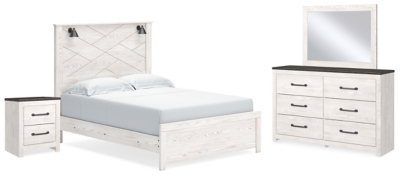 Gerridan Queen Panel Bed with Mirrored Dresser and Nightstand, White/Gray