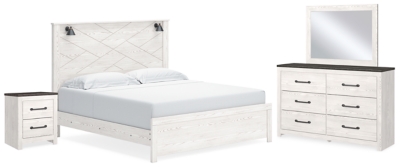 Gerridan King Panel Bed with Mirrored Dresser and Nightstand, White/Gray