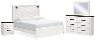 Gerridan King Panel Bed with Mirrored Dresser and Nightstand, White/Gray, large