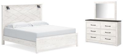 Gerridan King Panel Bed with Mirrored Dresser, White/Gray