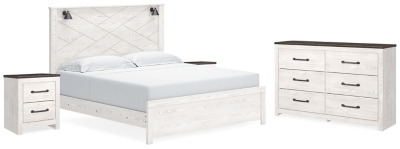 Gerridan King Panel Bed with Dresser and 2 Nightstands, White/Gray